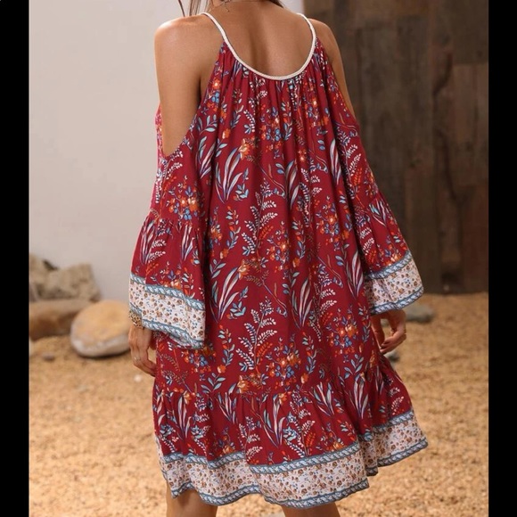 Boho Gypsy Floral Print Tassel Cold Off Drop Shoulder Dress - Picture 3 of 15
